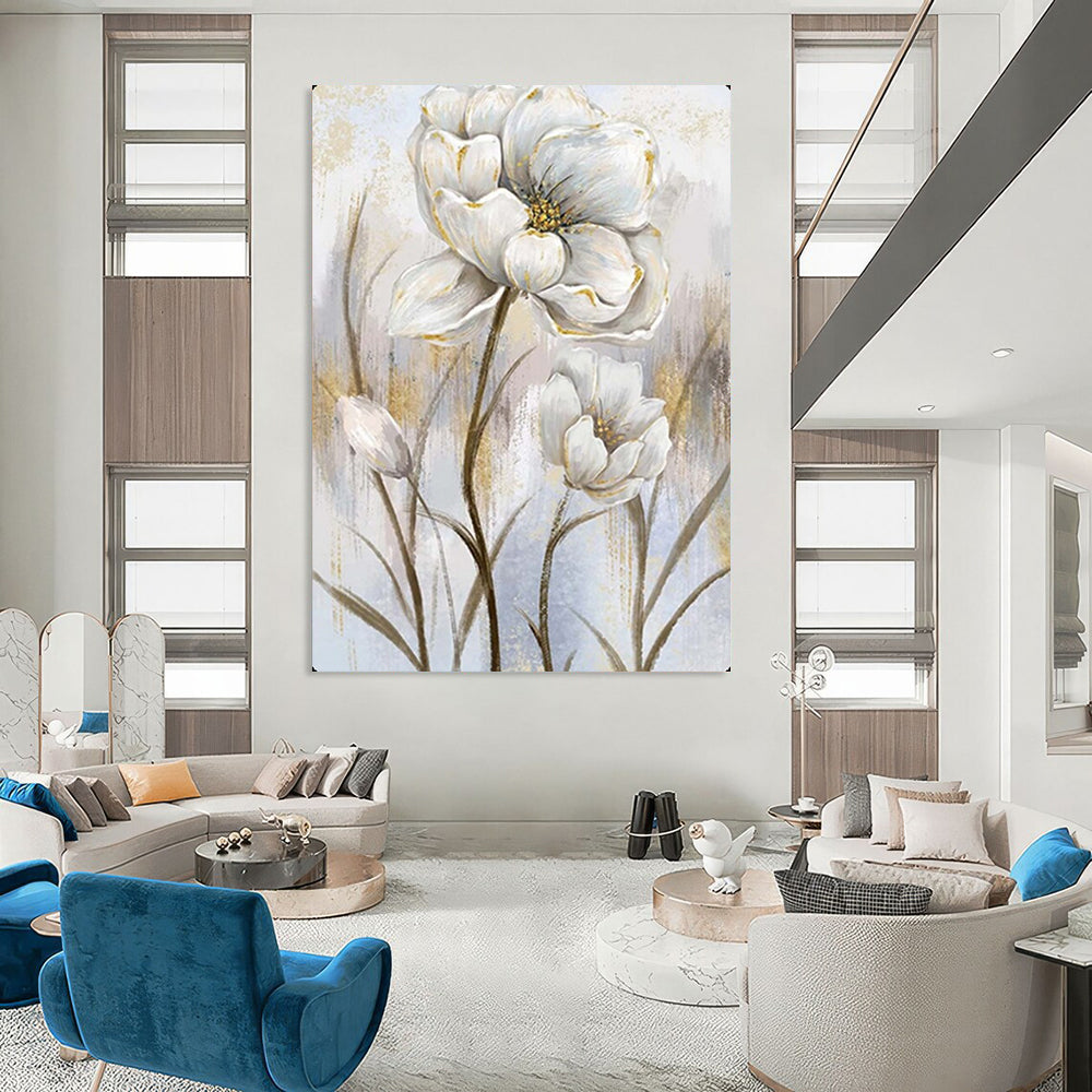 “Elegant White Flowers with Gold Accents” – Floral Oil Painting On Canvas CT2124