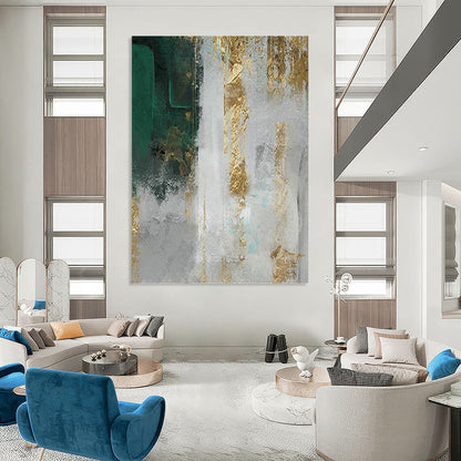 “Gilded Emerald” - Green, Gold & Gray Textured Abstract Painting On Canvas DKH1518