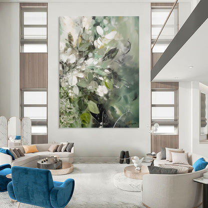 “Green - Toned Floral Abstraction” - Soft Flower Bouquet Painting On Canvas DKH1086