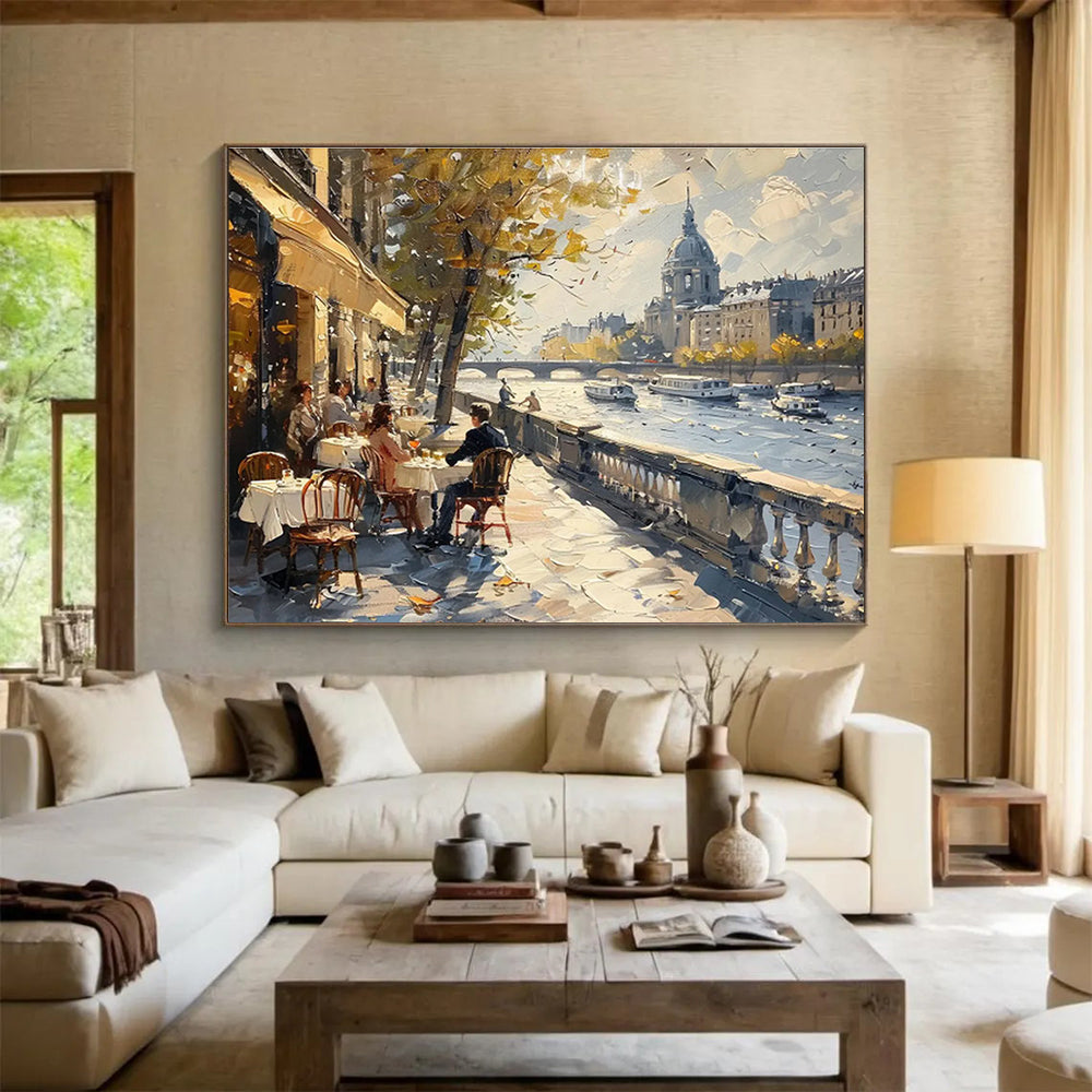 Parisian Riverside CafScene Painting On Canvas DKH666