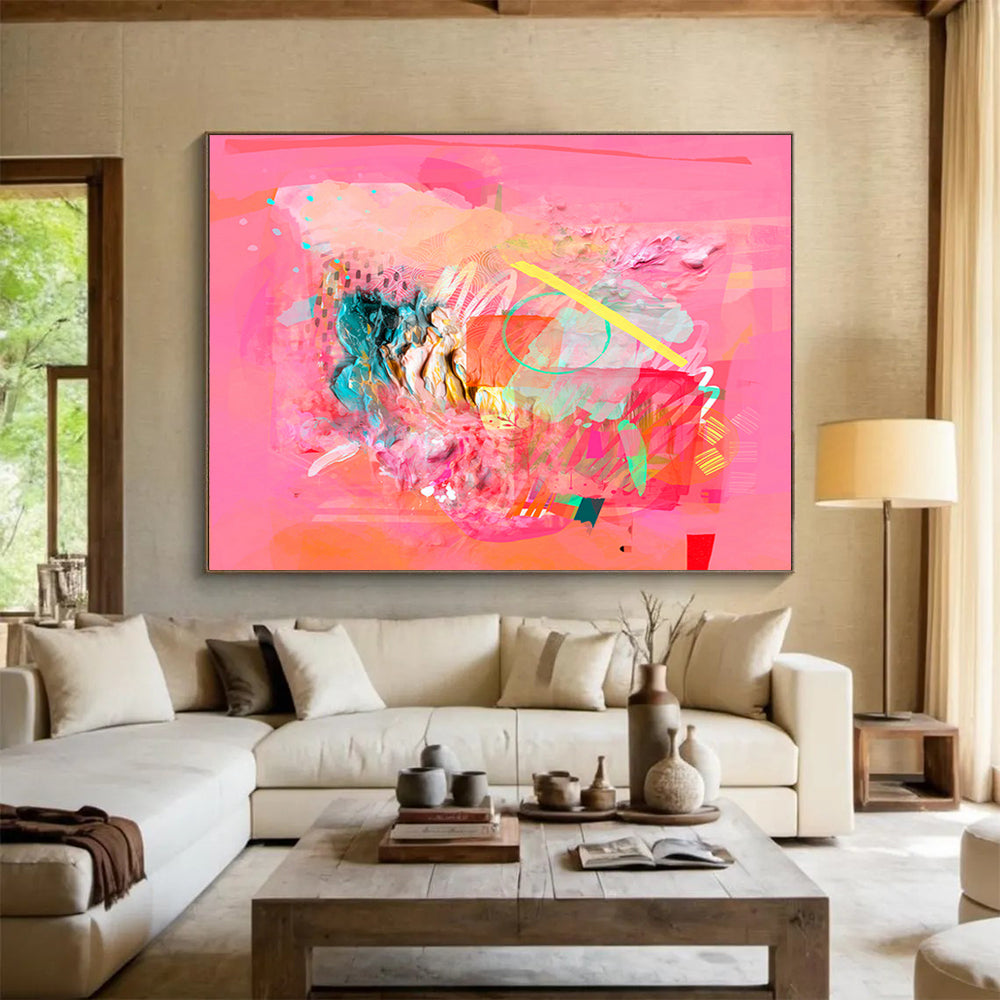 “Pink - Based Abstract Collage - Textured Layers and Colorful Accents” Painting On Canvas DKH028