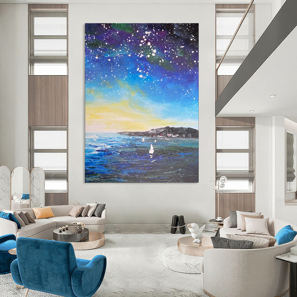 “Celestial Coastal Sail: Impressionist Night Sky Art” - Impasto Oil on Canvas CT1902