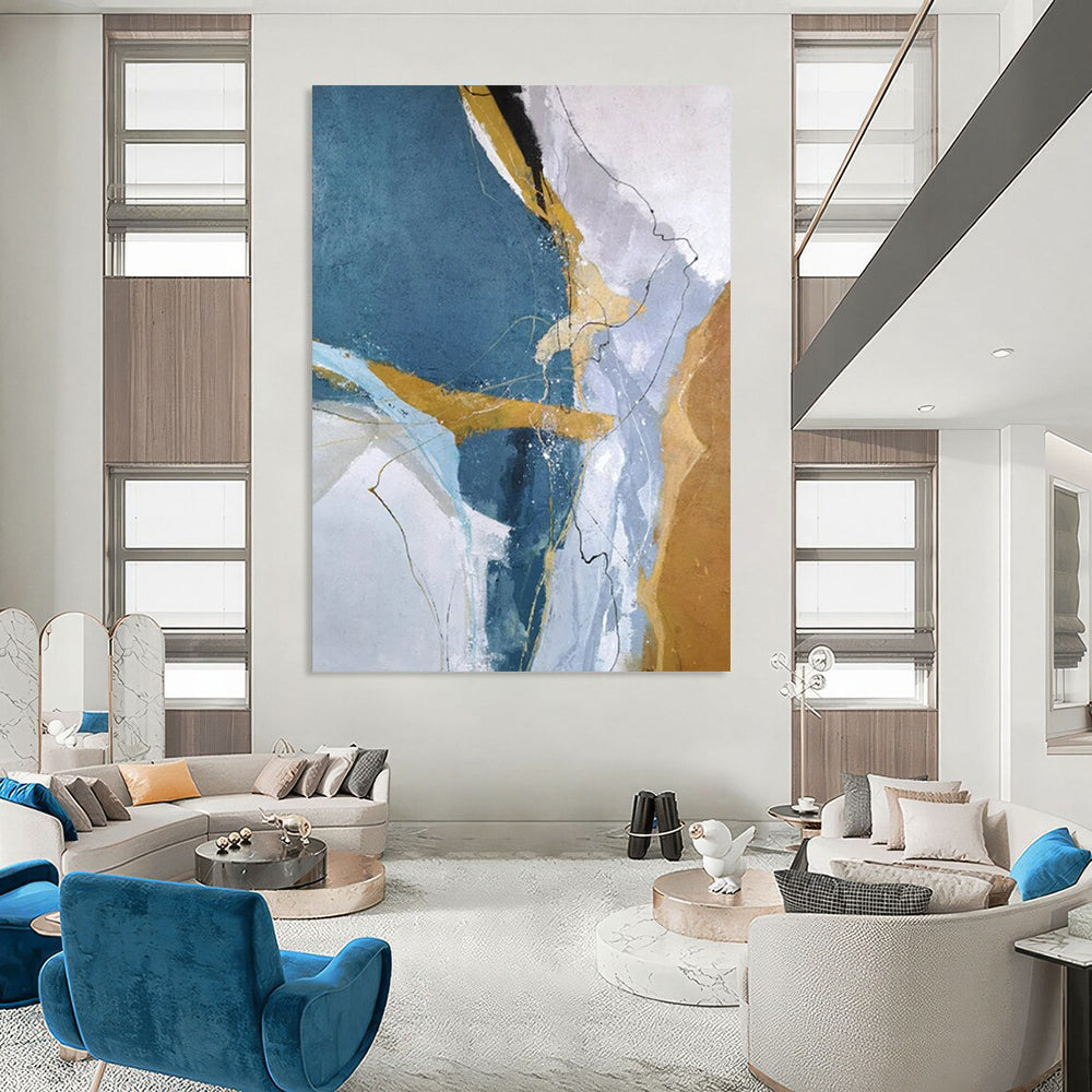 “Blue, Gold & White Linear Abstract” - Abstract Painting On Canvas CT2332