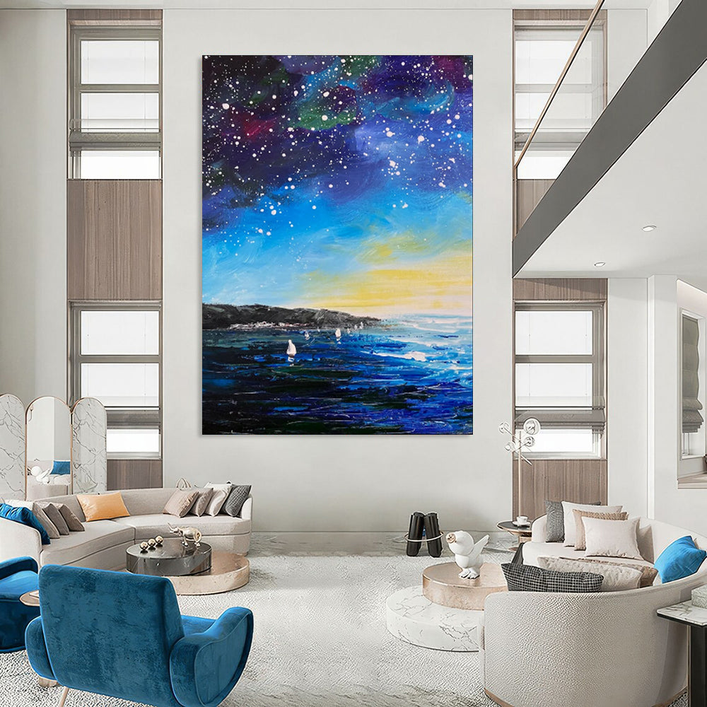 “Starry Night by the Sea: Impressionist Celestial Landscape” - Impasto Oil on Canvas CT1901