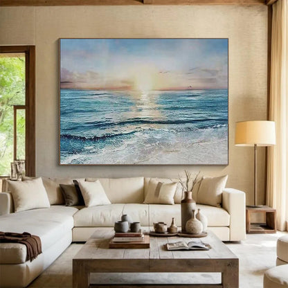“Sunset Sea Serenity” - Orange, Pink & Blue Realist Seascape Painting On Canvas DLZ258