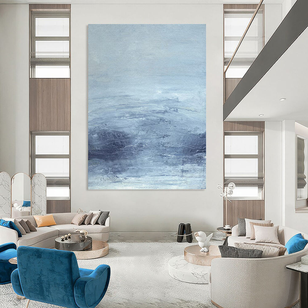 “Soft Blue Gradient Landscape” - Blue & Gray Minimalist Seascape Painting On Canvas DKH0968