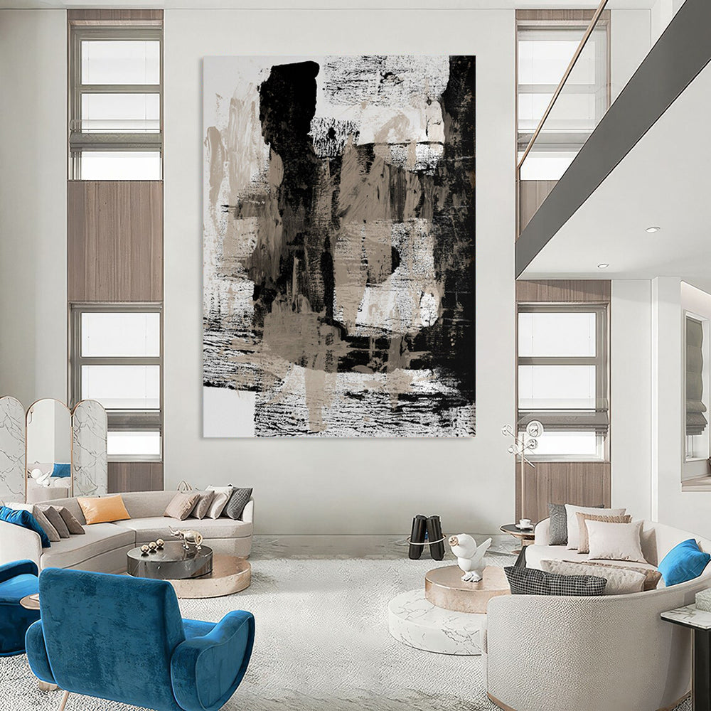 “Monochrome Abstract Layers” - Black, White & Beige Textured Painting On Canvas DKH0967