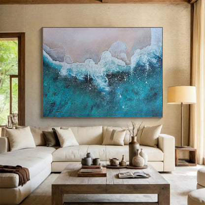“Blue, White, Textured Shoreline ‘Aerial Beach View’” - Textured Seascape Painting On Canvas DLZ040