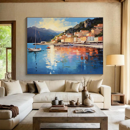 Coastal Village - Bright Blue & Warm Orange Impressionistic Town Painting On Canvas DKH877
