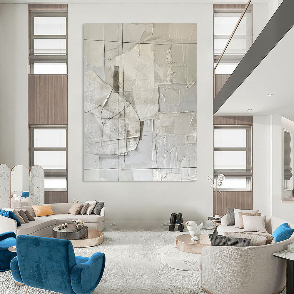 “White Abstract Collage” - Contemporary Mixed - Media Painting On Canvas DTP017