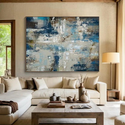“Blue, Gray, Abstract Scene ‘Urban Coastal Fusion’” - Abstract Cityscape Painting On Canvas DLZ036
