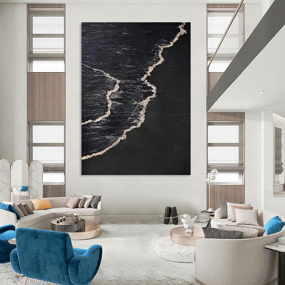 “Black & White Wave Contrast” - Black & White Minimalist Seascape Painting On Canvas DKH0959