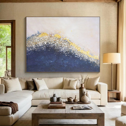 “Gilded Ocean Wave” - Navy, Gold & White Textured Abstract Painting On Canvas DLZ268