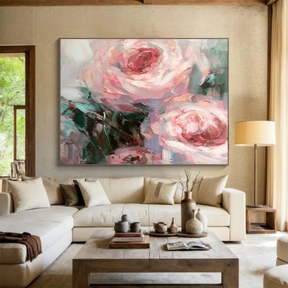 “Blush Rose Impasto” - Pink, White, Green Floral Oil Painting On Canvas DKH724