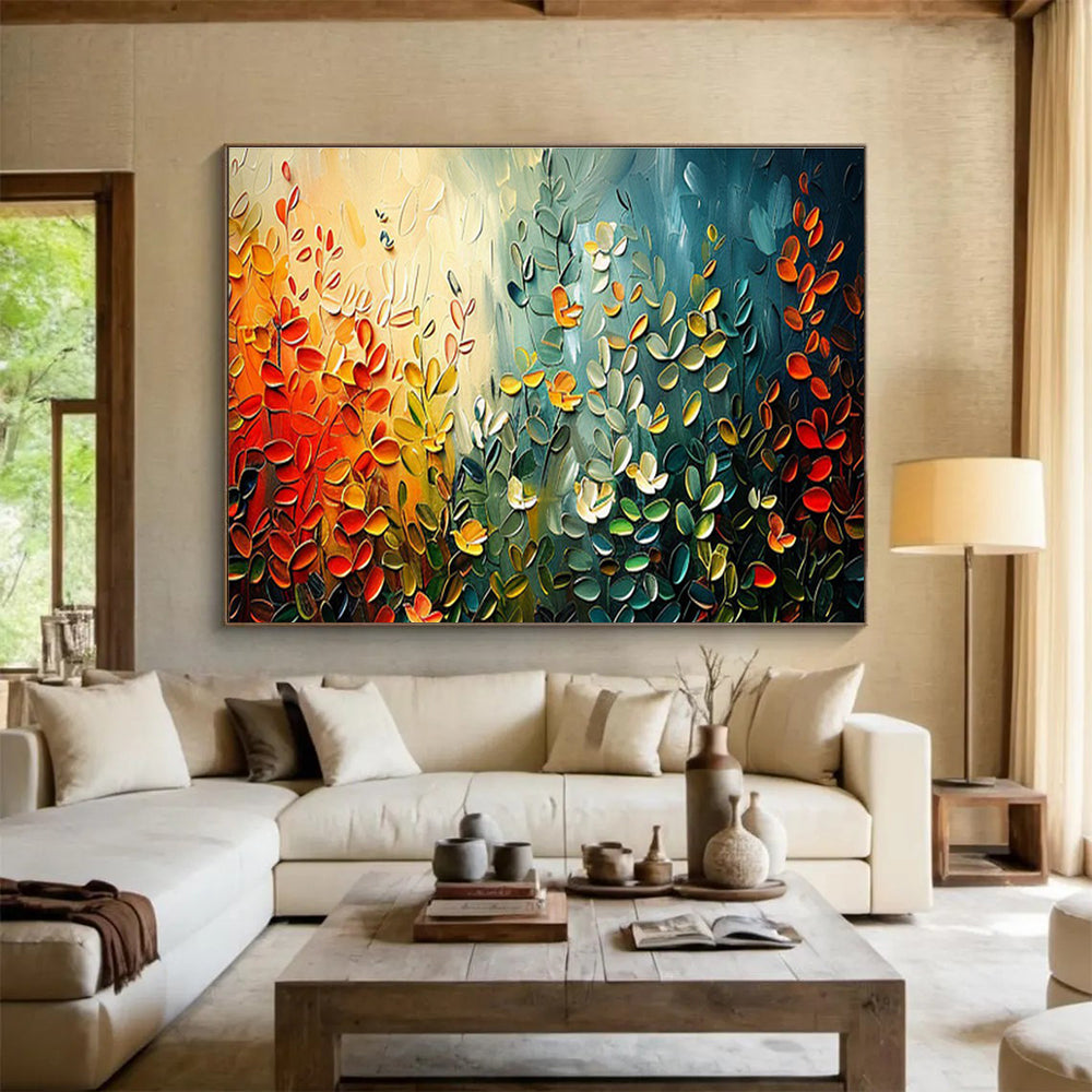 “Textured Foliage Symphony” - Multicolor, 3D - like Leaf Impasto Painting On Canvas DKH711