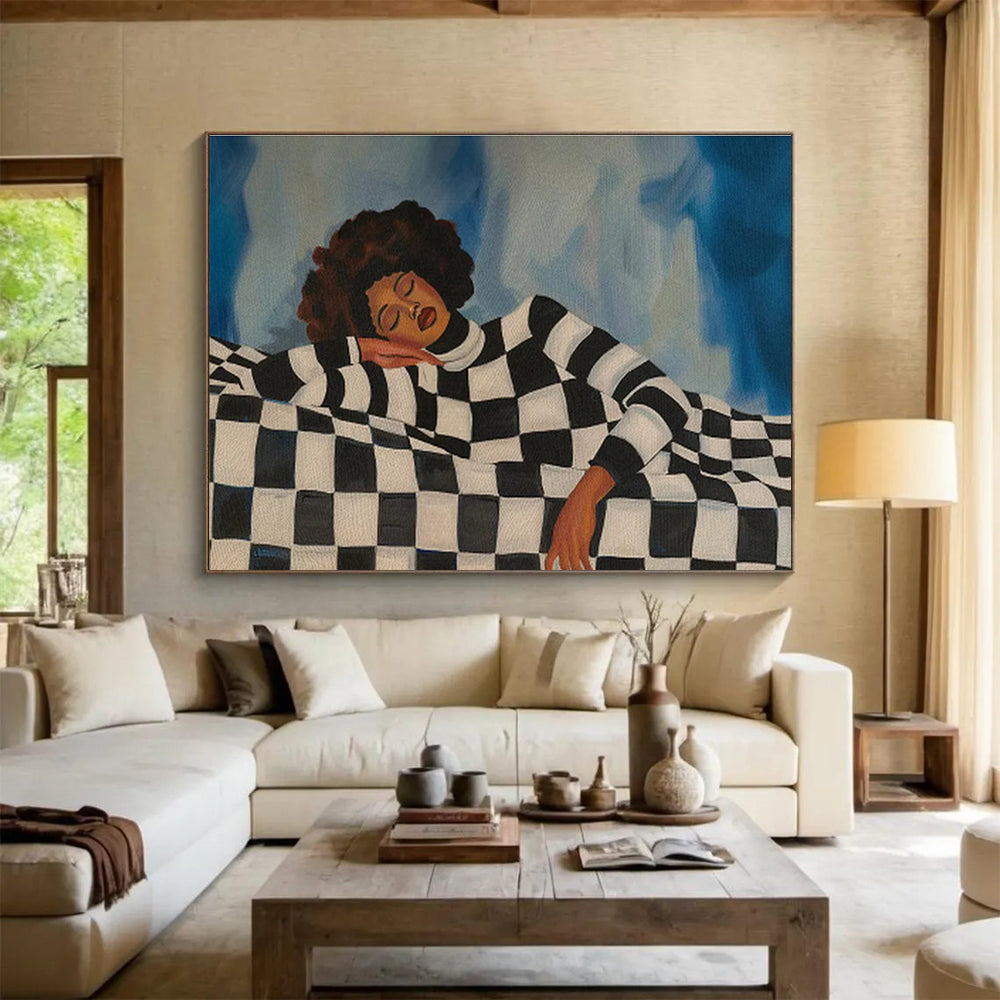 Woman on Checkered Couch Serene Portrait Painting On Canvas DKH225