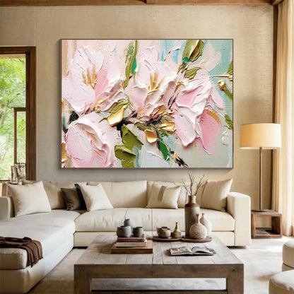 “Pink Flowers with Gold Accents”：Textured Floral Painting On Canvas DKH253