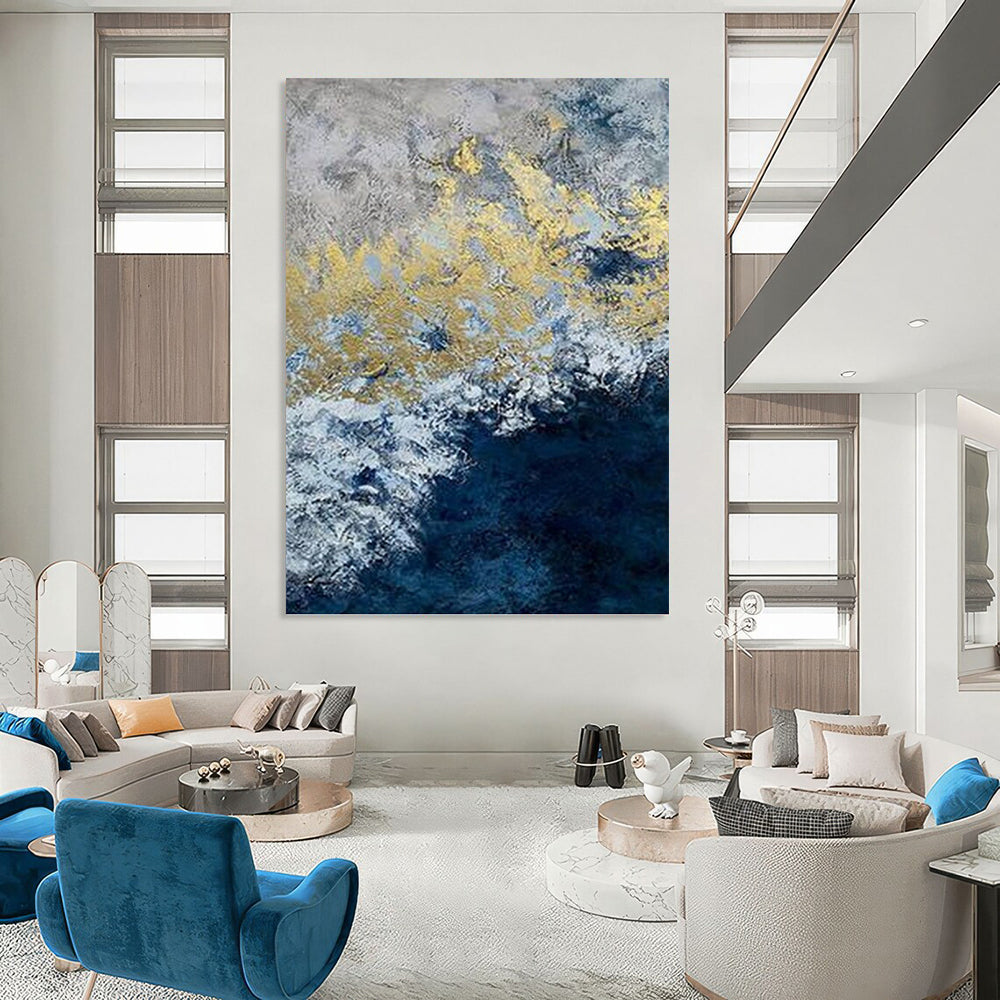 “Gold - Blue Waves” - Blue, Gray & Gold Abstract Ocean - Inspired Painting On Canvas DKH1549