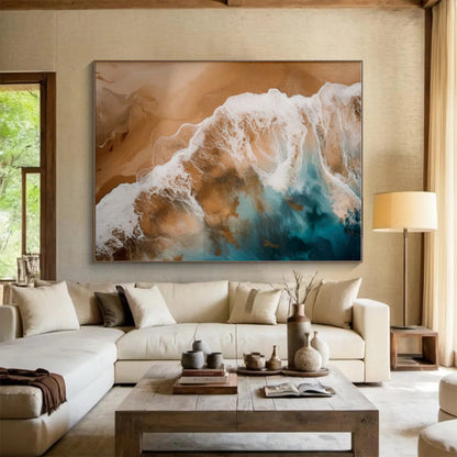 Blue, Beige & White Ocean Waves, “Seaside Rhapsody” - Fluid Acrylic Seascape Painting CT0766