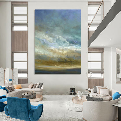 “Sky & Sea in Soft Hues” - Blue, Beige & White Impressionistic Painting On Canvas DKH0953
