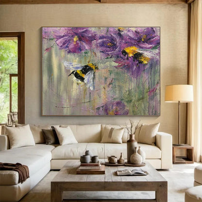 “Buzzy Floral Delight” - Purple, Yellow, Black Bee & Flower Impressionistic Painting On Canvas DKH718