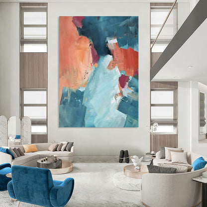 Coral & Teal Abstract Collage - Abstract Collage - Style Painting On Canvas CT2269