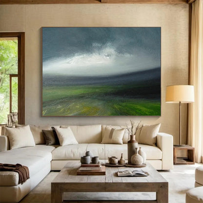 “Green, Gray, Stormy Field ‘Tempestuous Land’” - Impressionist Landscape Painting On Canvas DLZ029