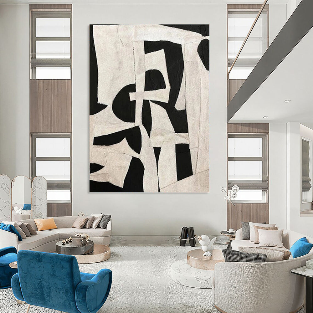 Black and White Patchwork - Abstract Shapes Painting On Canvas DKH1137