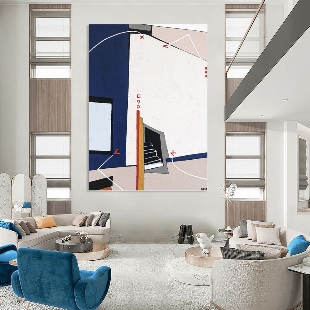 “Geometric Abstract with Blue, White, and Red Elements” - Architectural - Inspired Painting On Canvas DKH1106