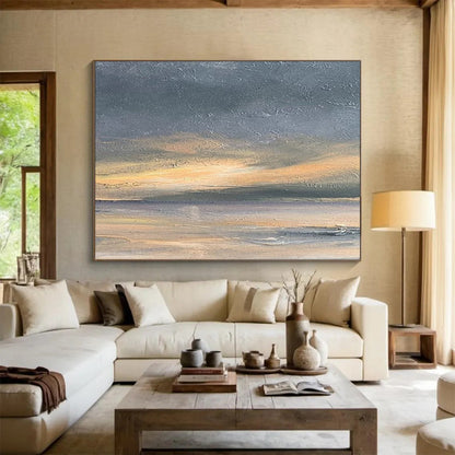 “Gray, Orange, Serene ‘Sunset Shore’” - Abstract Seascape Painting On Canvas DLZ016