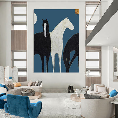 Stylized Black and White Horses on Blue - Equine Painting On Canvas DKH1440