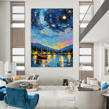 “Starry Night Harbor” - Impasto Landscape Oil on Canvas CT1886
