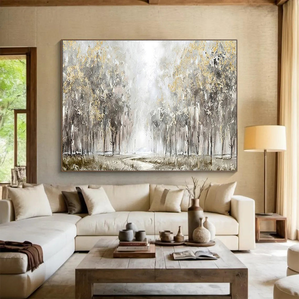 “Golden Forest Path” - Gray, Gold, Green Textured Landscape Painting On Canvas DKH737
