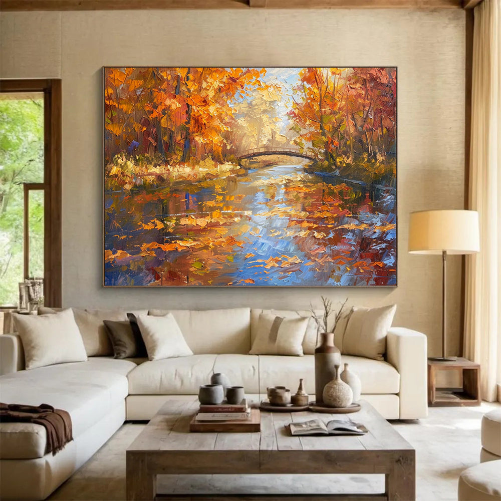 Autumn River with Bridge - Realist Landscape Painting On Canvas DLZ196
