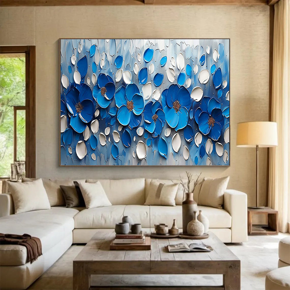Blue and White Textured Flowers - 3D Botanical Painting On Canvas DLZ173