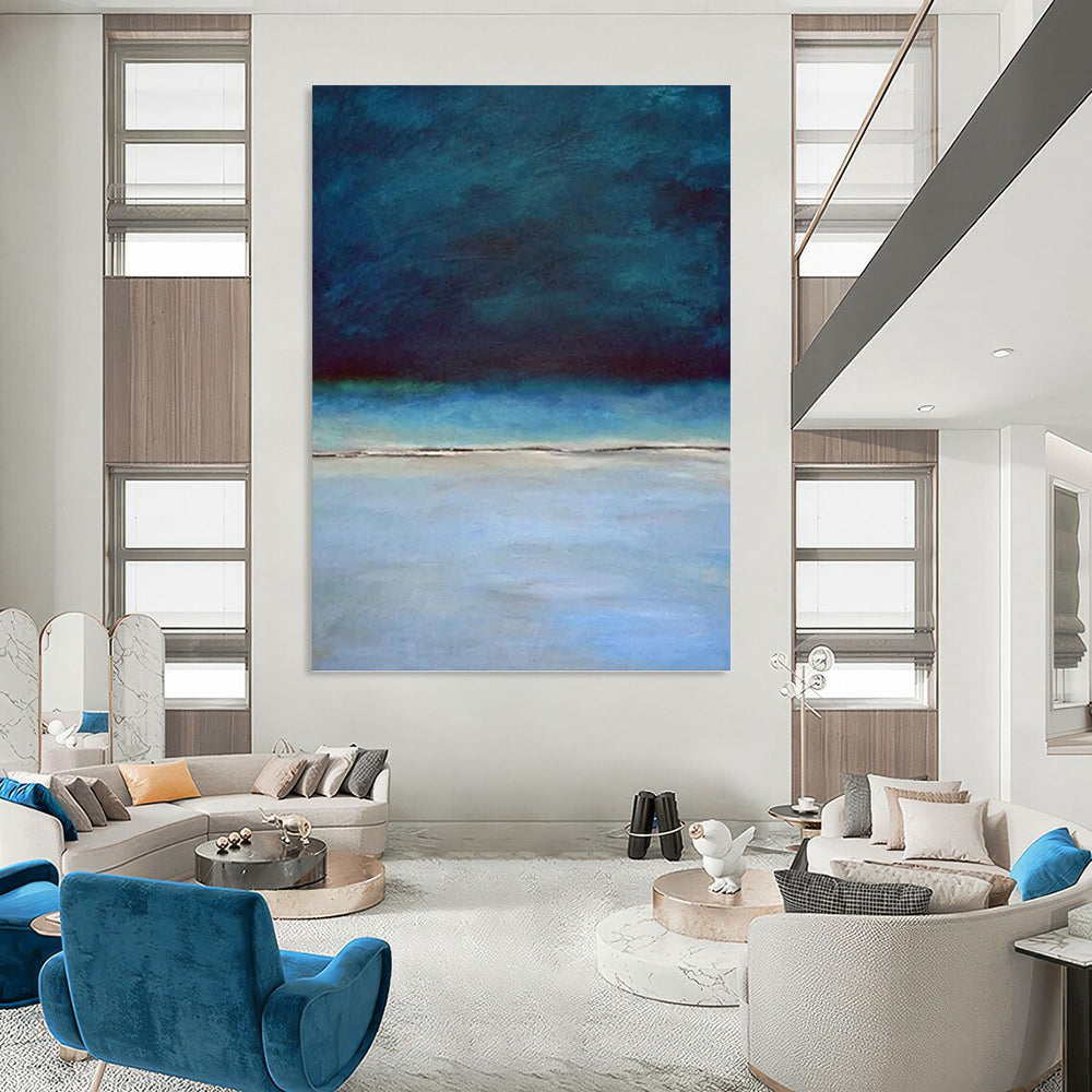 “Deep Blue Coastal Stillness” - Blue, Teal & Gray Seascape Painting On Canvas DKH0938