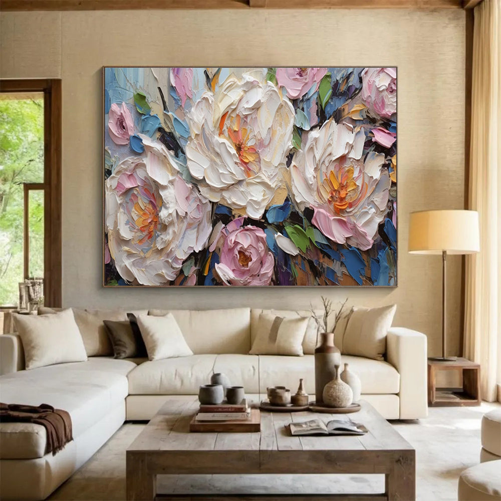 Textured Peony Blooms - Pink, White & Blue Floral Painting On Canvas DKH891
