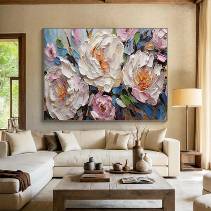 Textured Peony Blooms - Pink, White & Blue Floral Painting On Canvas DKH891