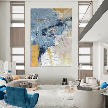 “Textured Blue - Gold Abstract” - Blue, Gold, Gray Abstract Painting On Canvas DTP255