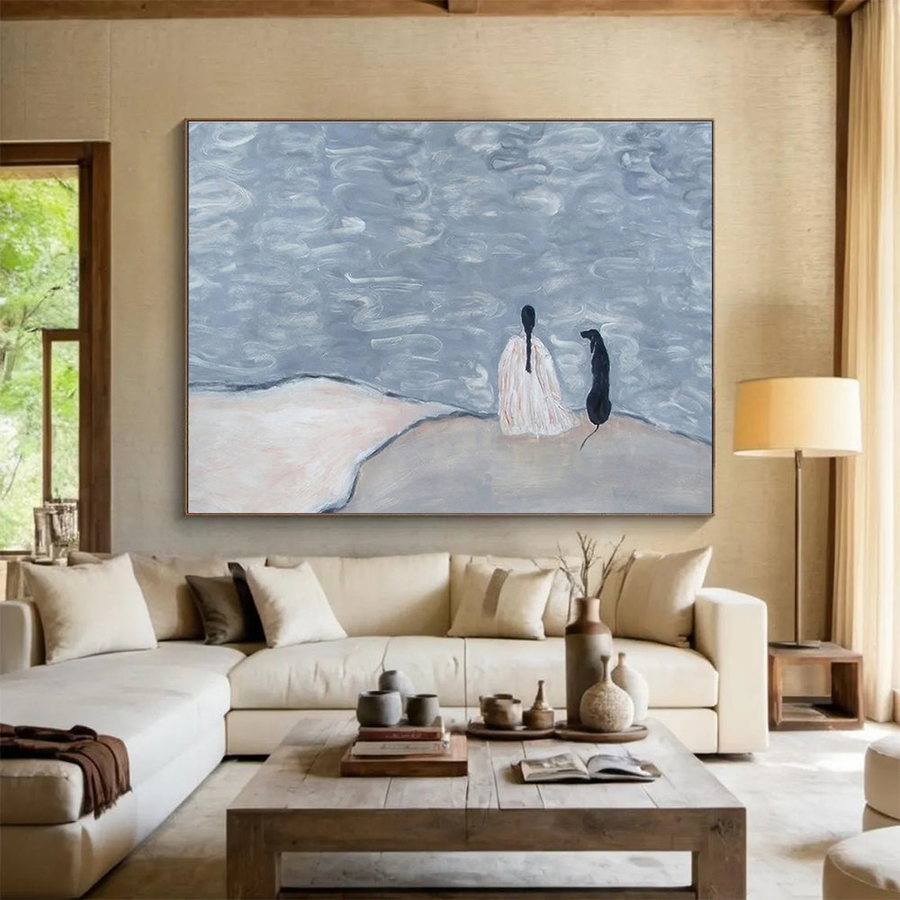 “Figure & Dog by the Water” Abstract Narrative Painting On Canvas DKH423