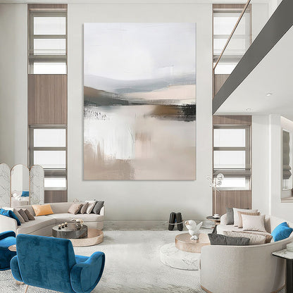 “Abstract Lake Reflections” – Modernist Landscape Oil Painting with Gray and Beige Textures CT2059