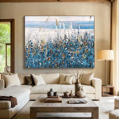 Blue Wildflowers by the Sea - Impressionist Landscape Painting On Canvas DLZ203