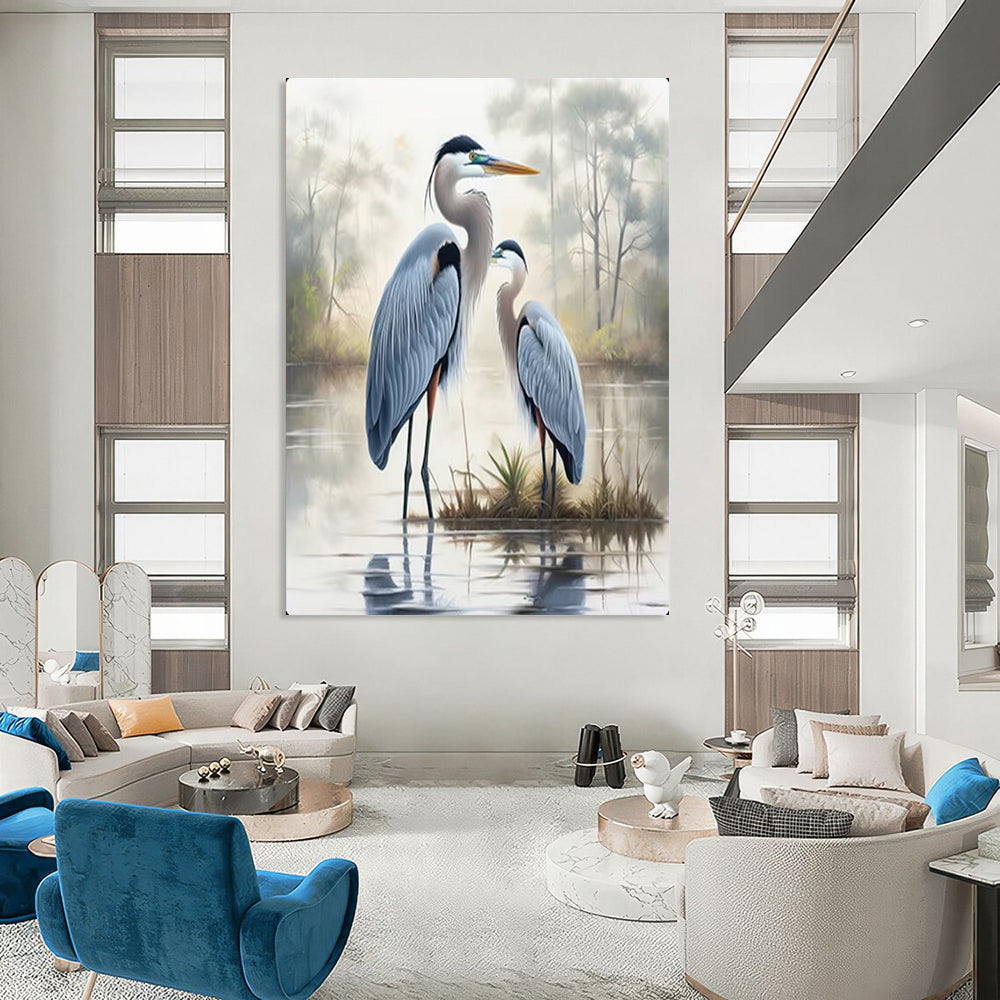 “Blue Herons in Misty Wetland” – Realistic Bird Oil Painting On Canvas CT2129