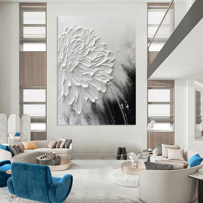 “Textured White Flower” - Black & White Floral Painting On Canvas CT2216