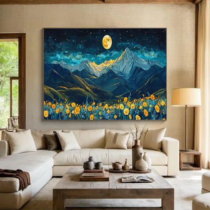 “Moonlit Peaks & Blooms” - Blue, Yellow, Gold Landscape Fantasy Painting On Canvas DKH694