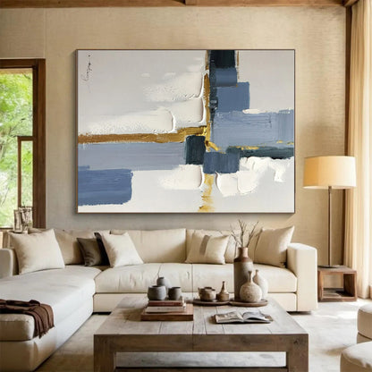 “Blue - White - Gold Geometric Abstraction” ，Abstract Acrylic Painting CT0805