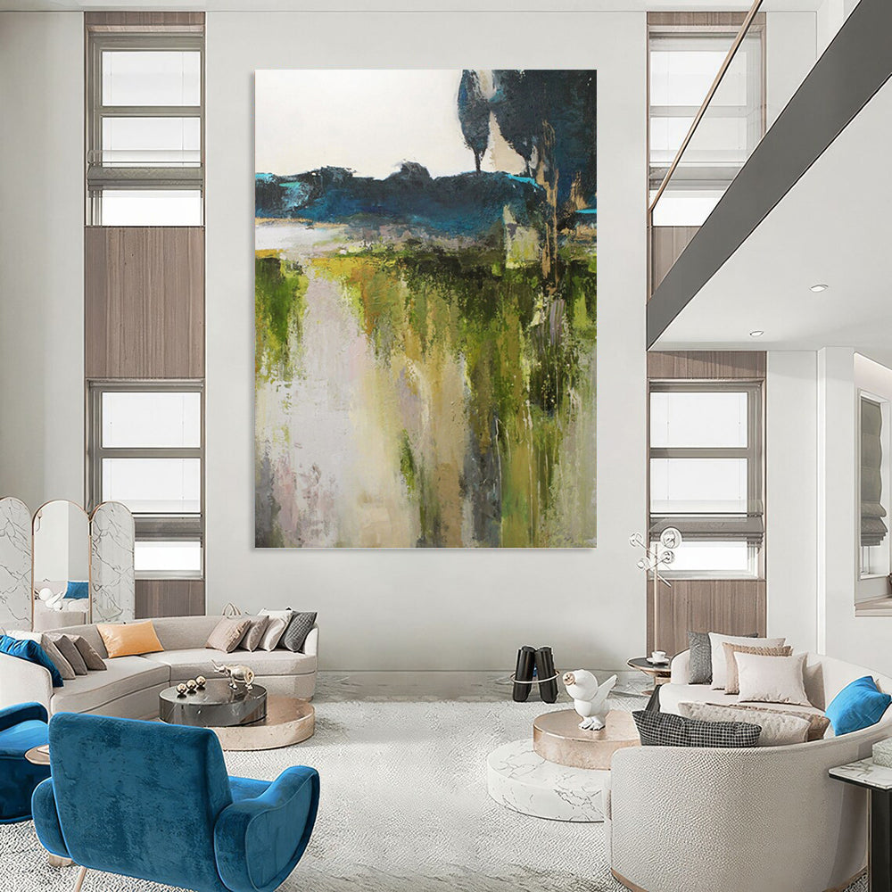 “Abstract Landscape Revisited” - Green, Blue, Gray & White Nature - Inspired Painting On Canvas DKH1022