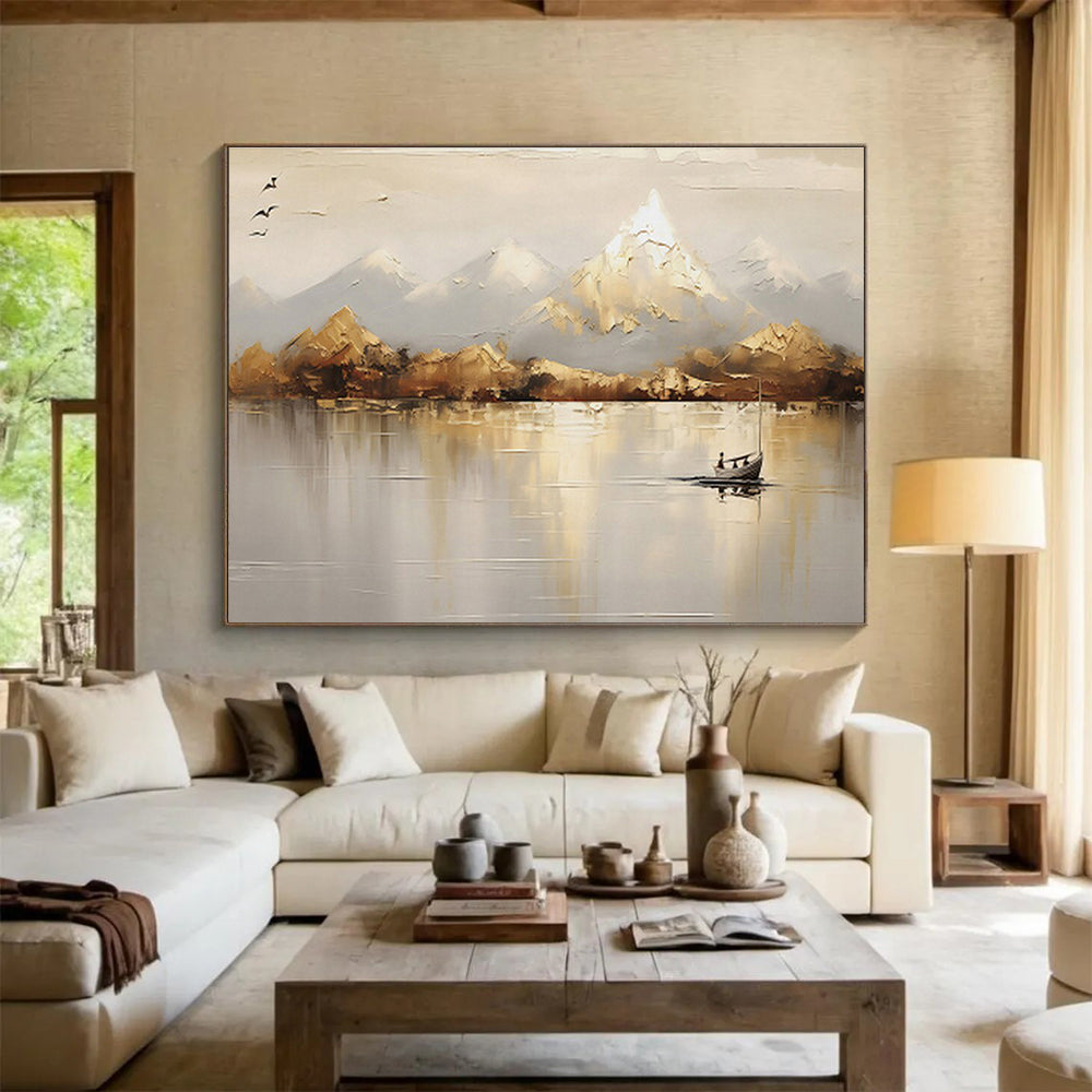 Neutral - Toned Landscape “Serene Mountain Reflection” Painting On Canvas DKH158
