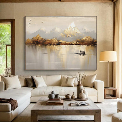 Neutral - Toned Landscape “Serene Mountain Reflection” Painting On Canvas DKH158