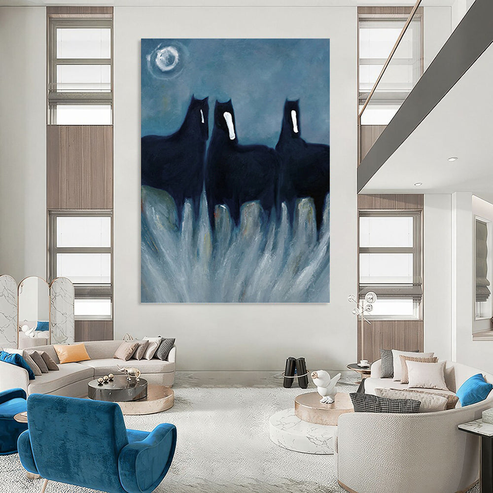 Mystical Black Horses in Tall Grass - Equine Painting On Canvas DKH1444